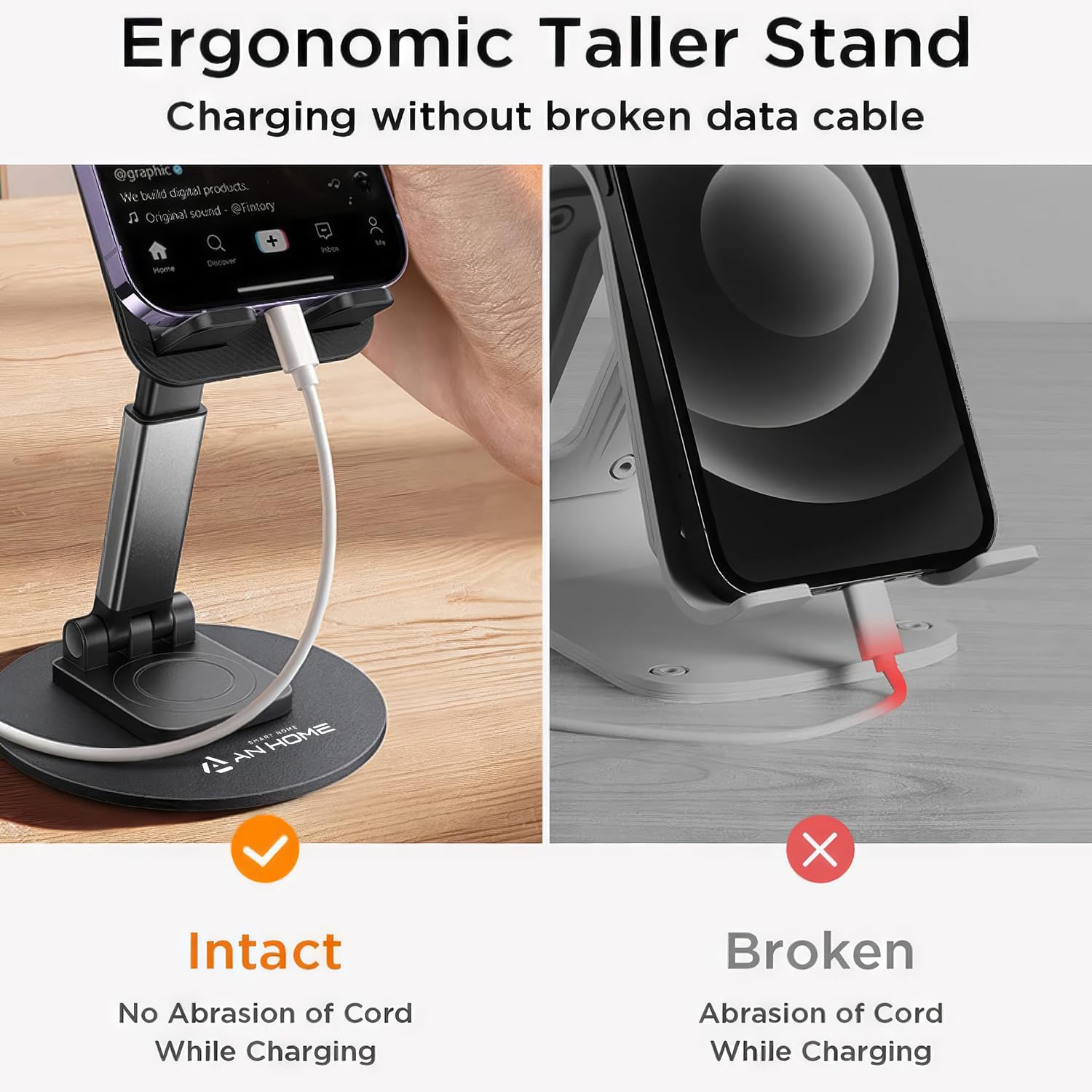 AnHome Cell Phone Stand Holder for Desk Cellphone Stands Holders Desktop 360 Rotatable Height Adjustable Foldable Phone Stand for Recording Charger Compatible with iPhone Samsung and Other Phone