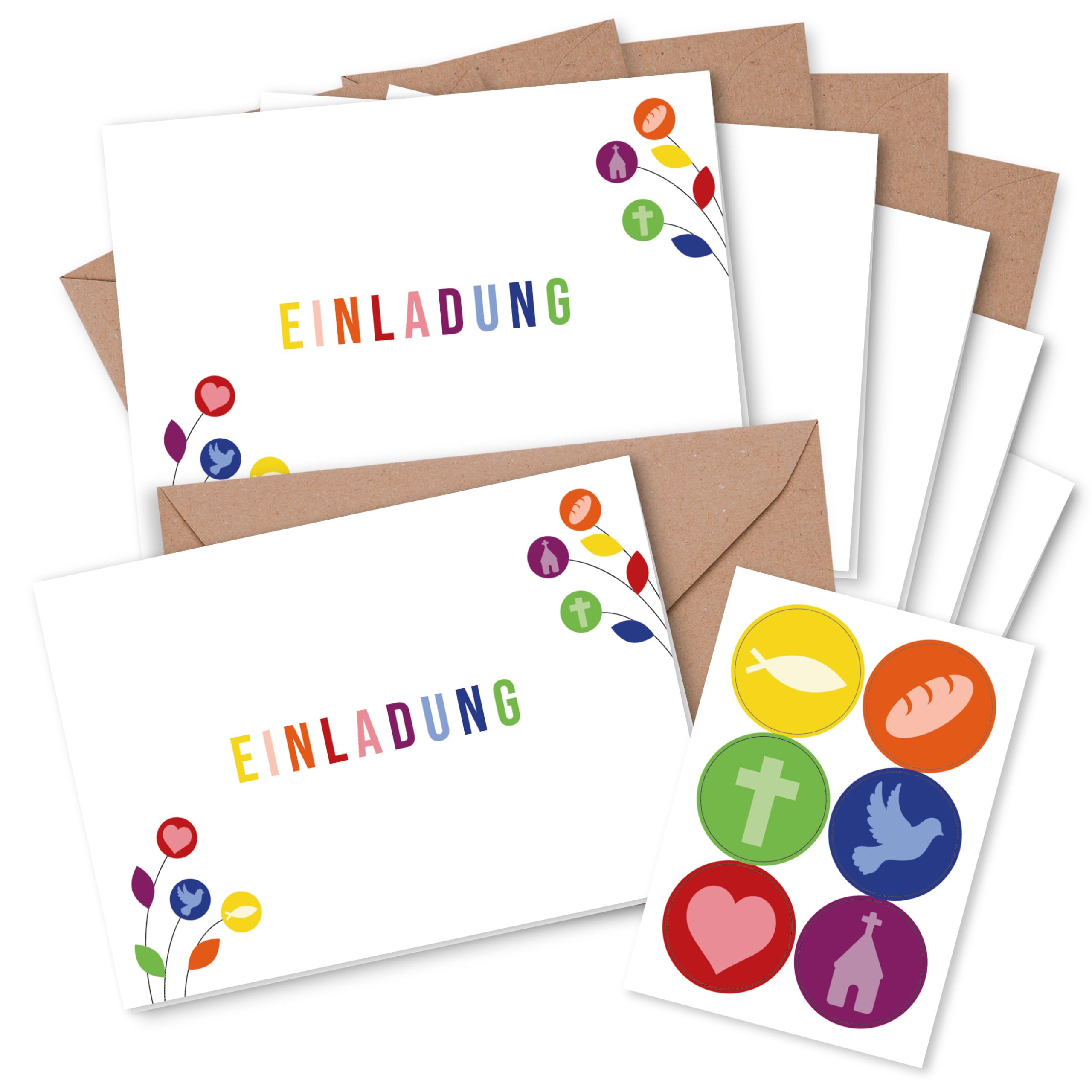 Papierdrachen 6 Invitation Cards for Christian Celebrations such as Christening, Communion, Confirmation, Flower Motif, Folding Cards with Envelope and Matching Stickers, DIN A6, Set of 5