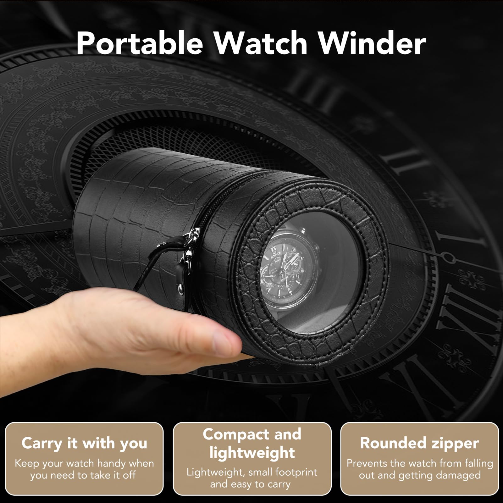 Single Watch Winder for Automatic Watches – Silent Motor, Battery and AC Adapter Powered, 2 Rotating Modes, Portable Watch Winders with Acrylic Window – Automatic Watch Winder Box for Men & Women