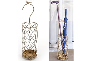 SMQLJXC Umbrella Stand Rack, Gold Round Umbrella Holder For Entryway, Canes Walking Sticks Holder, Metal Entry Hallway Decor For Home Office, With Removable Drip Tray