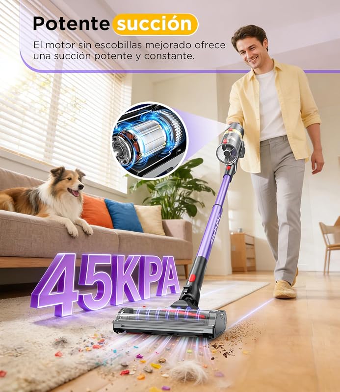 Aspiradora sin Cable Potente Succión de 45 kPa hasta 60 Minutos de Autonomía Resistente a Enredos Aspiradora Escoba Recargable con Soporte de Pared para Pelo de Mascotas y Suelos de Madera — foto 3 de 8