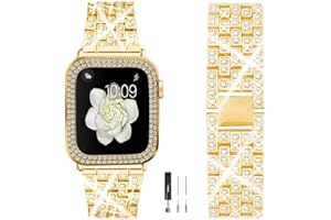 XFEN Shiny Bling Diamond Band and Case without Screen Protecter for Women Compatible with Apple Watch Series 4 5 6 7 8 9 SE - Gold Silver