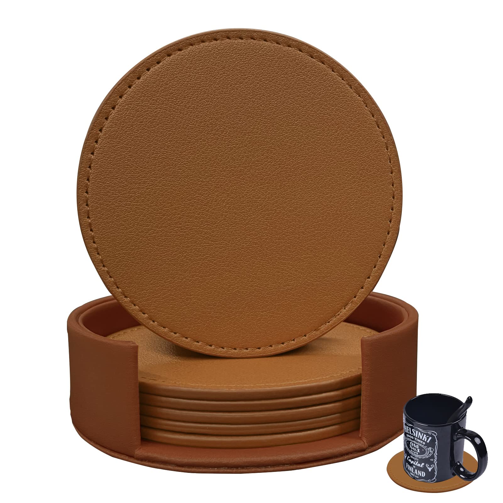 RICHSUM Coasters Set of 6 Soft Leather Drink Coaster Round Coaster with Sewing Around, Suitable for Various Cups, Wooden Tables,Home Decoration,4 Inches (Brown)
