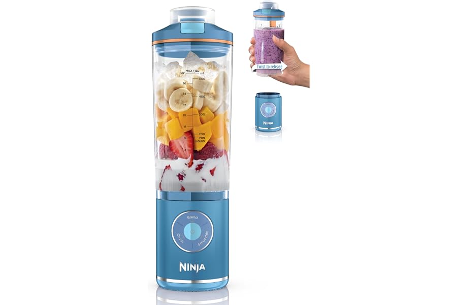 Ninja Blast Max Portable Blender, Twist & Go, 22oz, Blue, BC251BL2 | Twist & Go removable 22-oz vessel. Auto-iQ Crush & Smoothie programs, cordless. Dishwasher safe, leakproof lid.