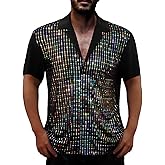 AIBEIX Mens Mesh Sequins See Through 70s Disco Button Down Shirts | Casual,Glitter,Shiny,sparkly short sleeve shirt ,for Stage Performance、disco、 party、club, night out, and casual wear