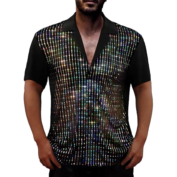 Camisa De Lentejuelas Brillantes Para Hombre – Estilo 70, Manga Corta, Ideal Para Fiestas Y Disfraces