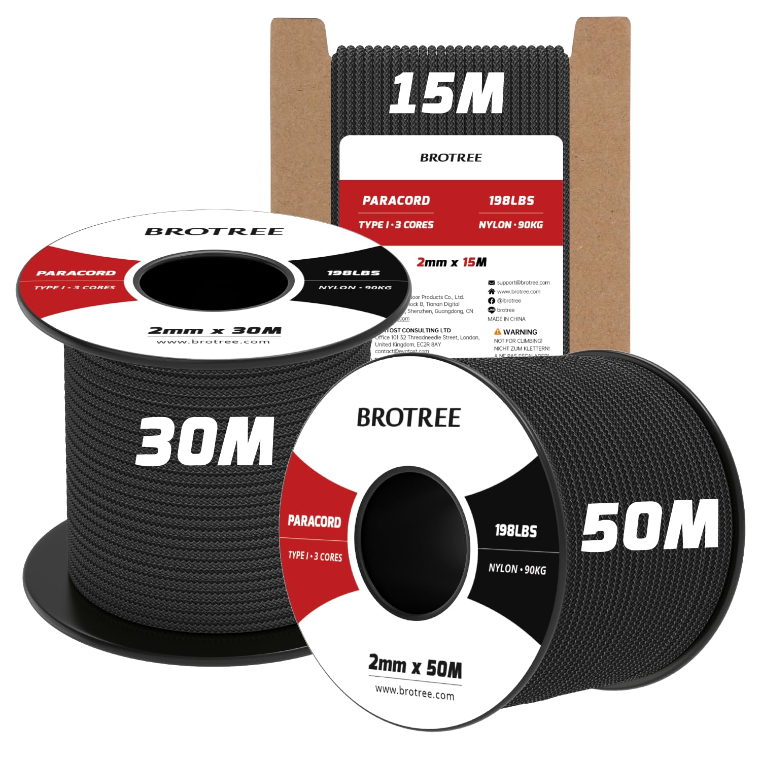 Brotree 2mm Paracord 3 Strands 30M 100% Nylon Rope Parachute Cord for Outdoor, Craft, DIY - 90kg Breaking Load (Black) — image 1