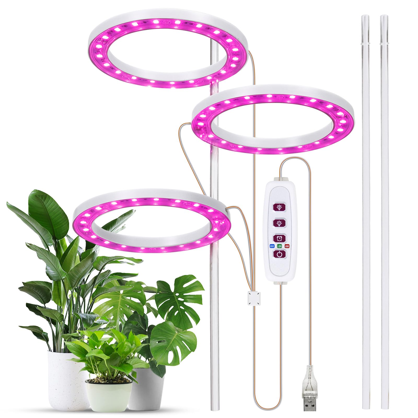 Funien Grow Lights for Indoor Plants 6.2W 301.7lm 80LED 4000K USB Powered Grow Light 8H/12H/16H Timer 5 Dimmable Brightness Plant Growing Lamps for Succulents/Mini Bonsai/Small Plants