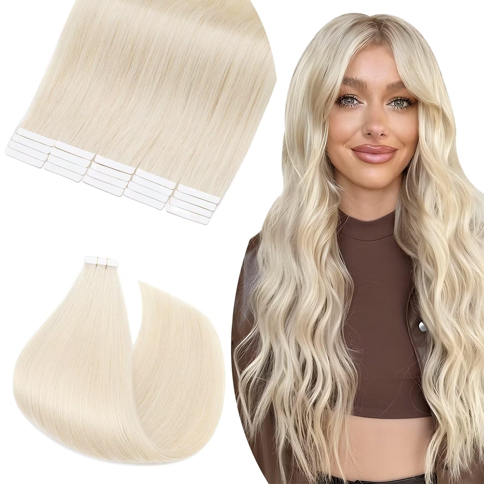 UK-Fashion-Shop 14inch Tape in Hair Extensions Real Human Hair Remy Hair Straight Seamless Skin Weft Tape on Extension - 20PCS 40g 70 Platinum White — image 1