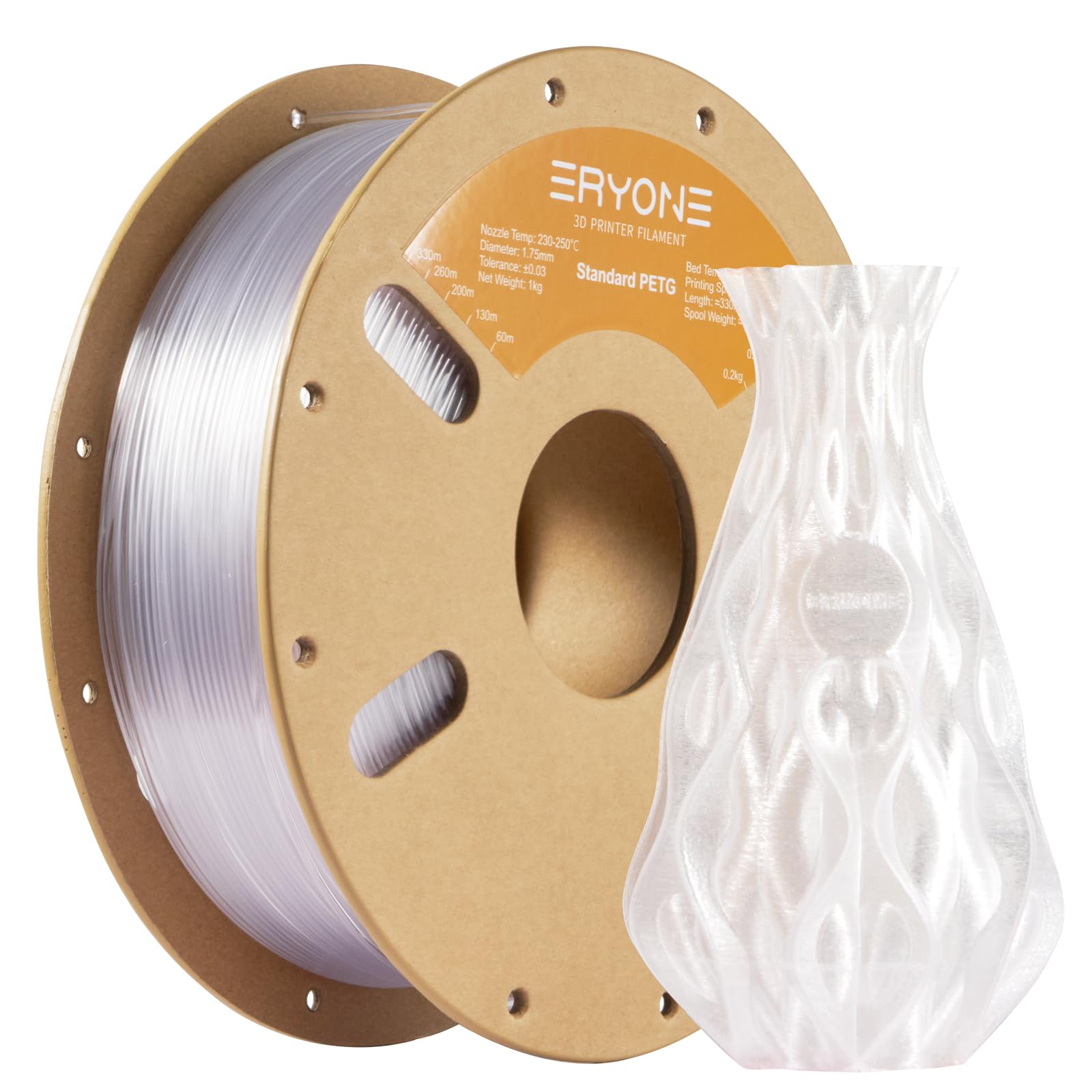 ERYONE PETG Filament 1,75 mm, 3D Printer Filament PETG, +/- 0,03 mm, 1 kg/Spool,Transparent