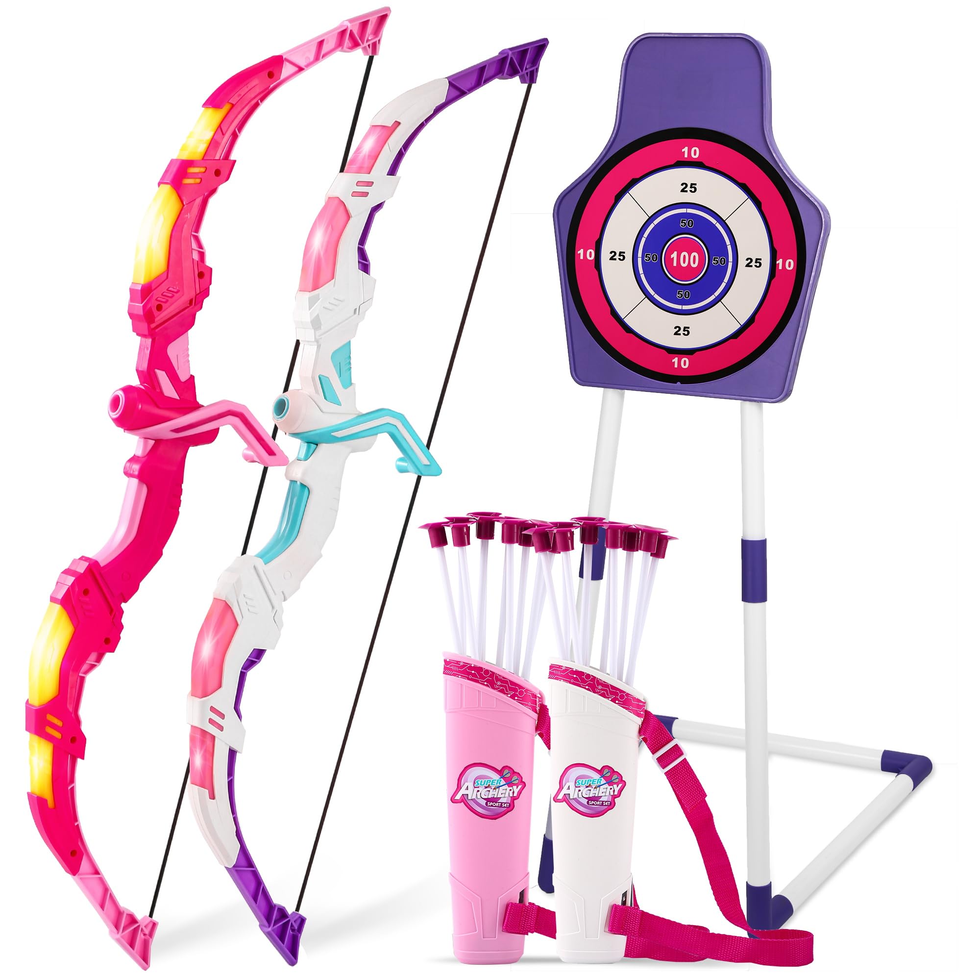 Photo 1 of Bow and Arrow Set Girl Toys: 2 Pack LED Light Up Archery Set with 20 Suction Cup Arrows, Birthday Gift for Girls 5 6 7 8 9 10 11 12 Year Old, Outdoor Activities Toys Essentials for Kids Age 4-8 8-12