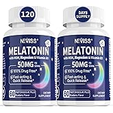 NEVISS Melatonin 50 mg for Adults - Extra Strength 9-in-1 Fast Dissolve Sublingual - High Dose with Magnesium Glycinate, Vitamin D3, Ashwagandha, Lemon Balm, Chamomile, Sugar Free,Vegan 120 Tablets