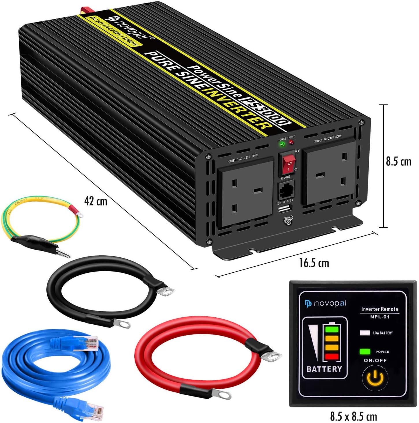 Novopal 3000W 6000W Pure Sine Wave Inverter 24V DC to 240V AC Power Converter with 2 UK Sockets,1 USB,16.4FT Remote Control - Image 3