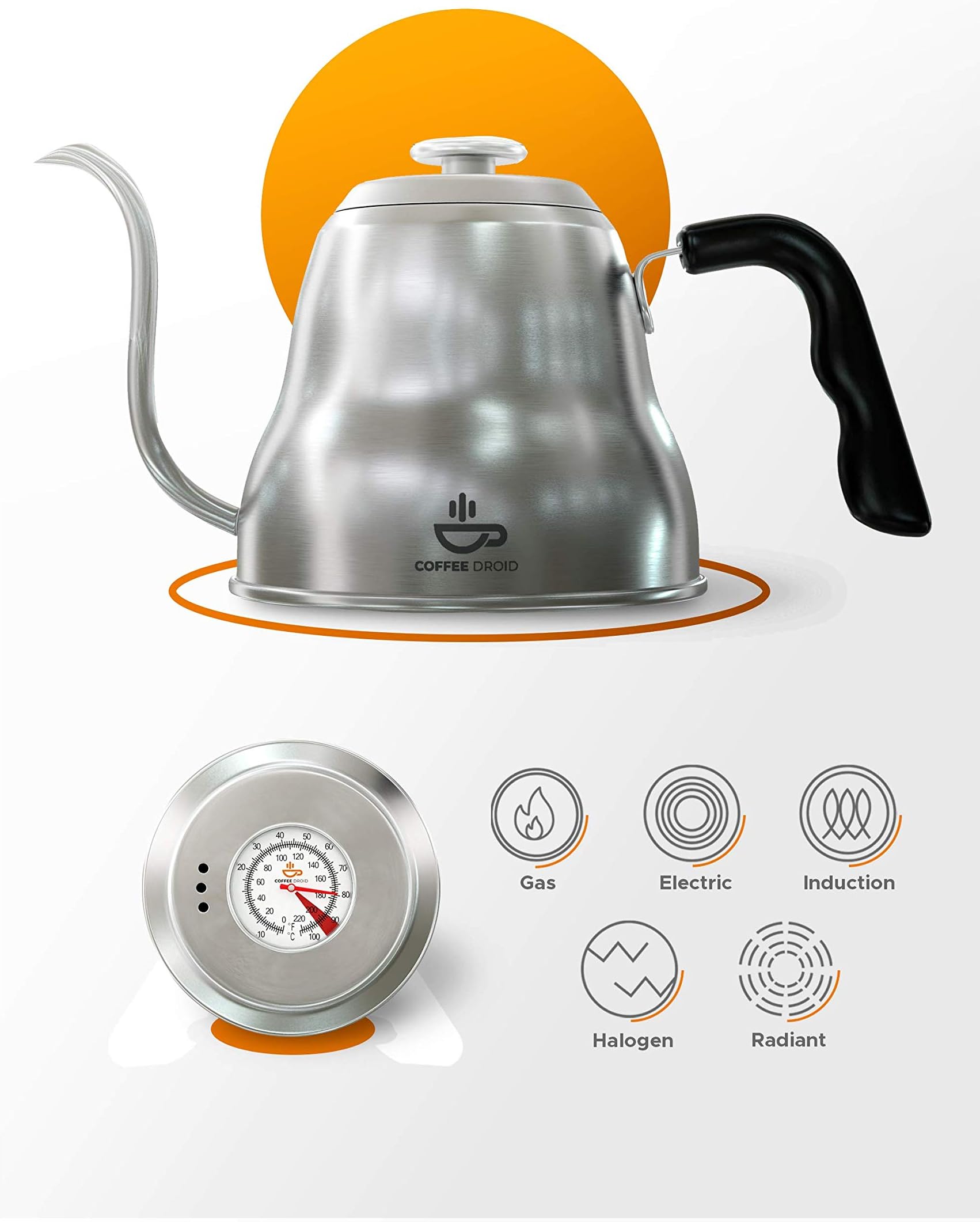 Gooseneck Pour Over Coffee Kettle 1.2 Liter | Precise Thermometer | Suitable All Stovetops | Premium Quality Triple Layered Stainless Steel Base | Perfect Hand Drip Temperature Dial | Coffee Droid