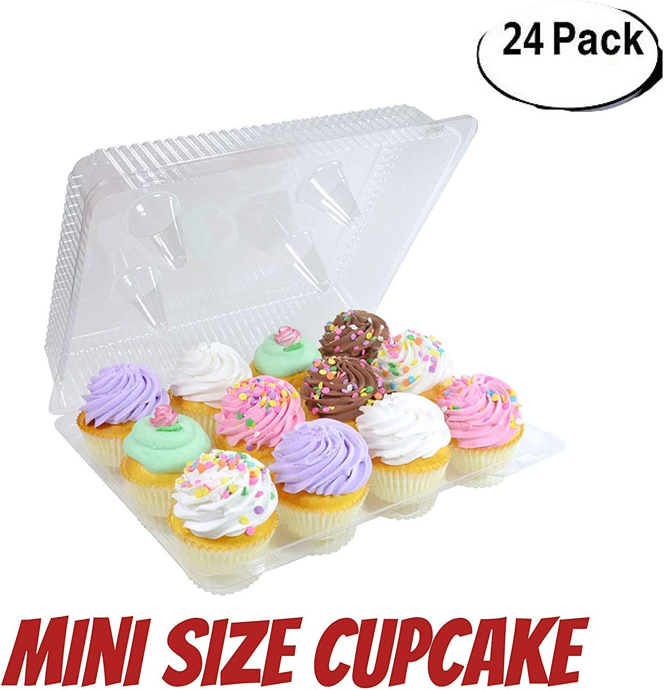 24 Pack Mini Cupcake Containers – 12-Count Disposable Plastic Cupcake Boxes with Tall Dome Lids – Stackable, Clear Cupcake Holders for Mini Cupcakes, Parties & Events