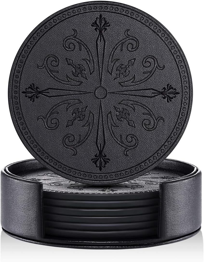 Leather Coasters, Set of 6 Coasters for Drinks with Holder, Drink Coasters with Emboss Design, Protect Furniture from Water Marks Scratch and Damage (Flower and Sword, Black)