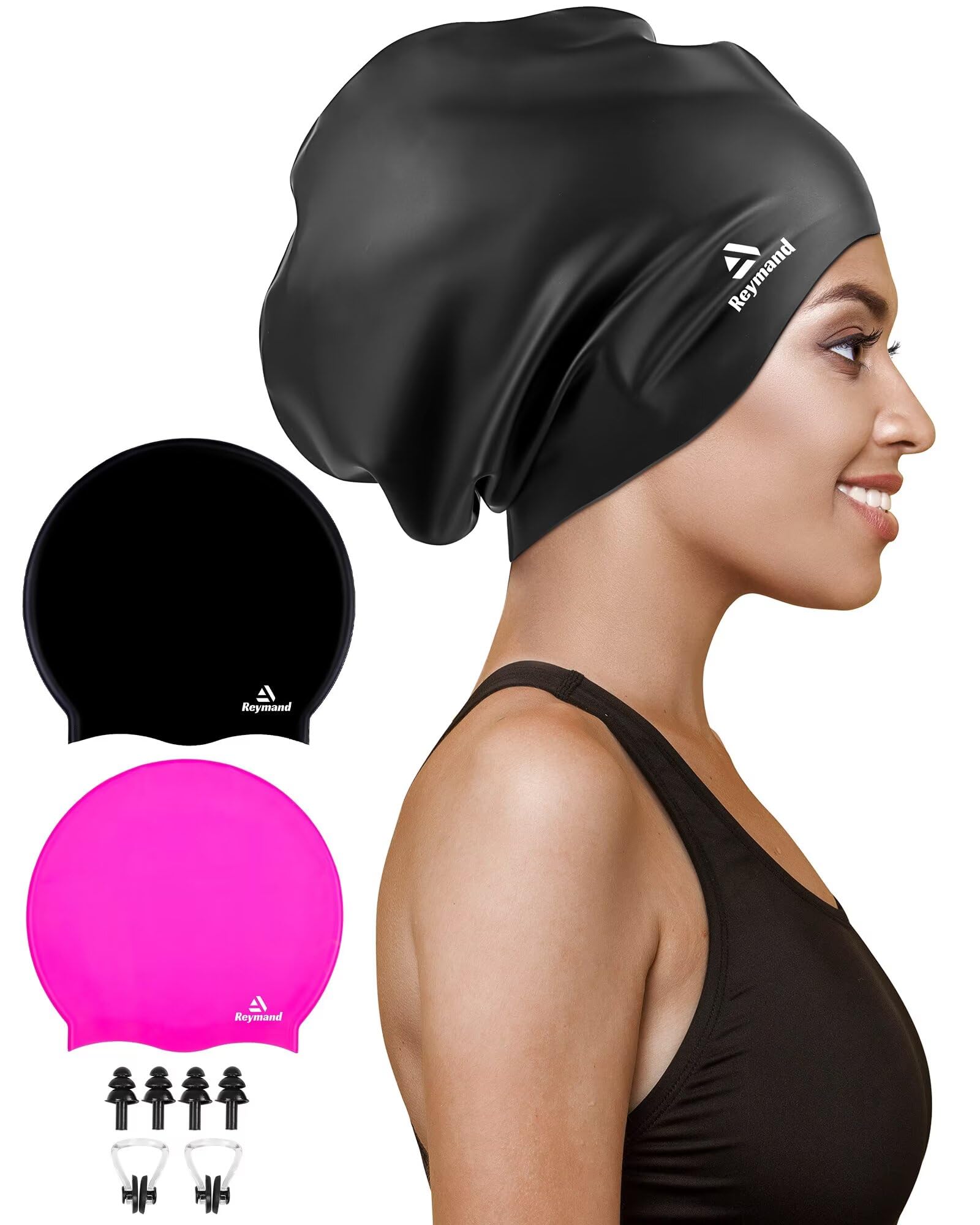 Photo 1 of 2 Pack Extra Large Swim Cap for Braids and Dreadlocks, Silicone Swimming Caps for Long Hair, Weaves, Extensions, Curls & Afros, Waterproof Adult Swim Hats Bathing Caps for Women Men(Black+Rose Red)