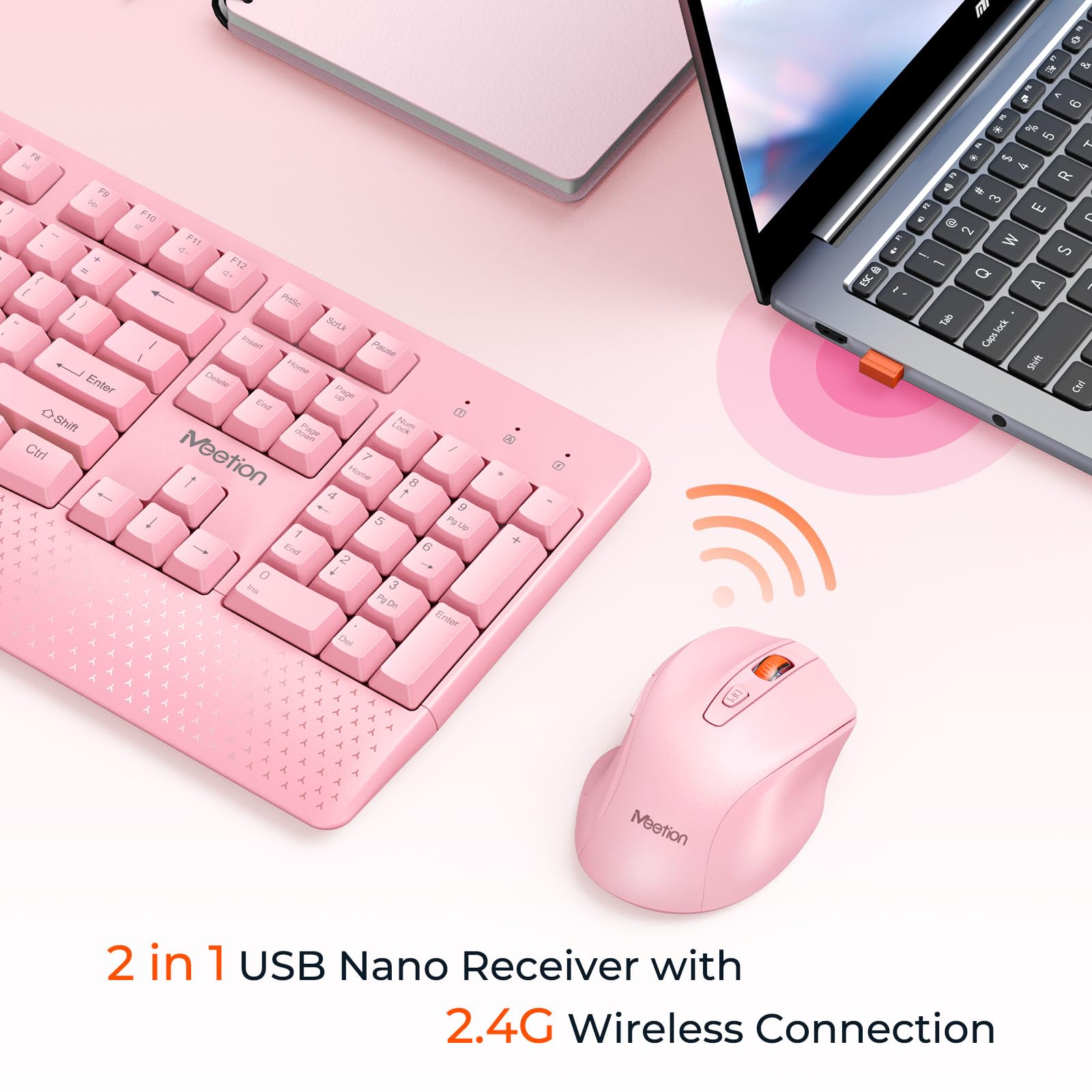 MEETION Wireless Keyboard and Mouse, Full-Sized Cordless Keyboard with Wrist Rest and 3 DPI Adjustable Mouse, 2.4G Wireless, Compatible with PC/Computer/Laptop/Windows/Mac, Pink