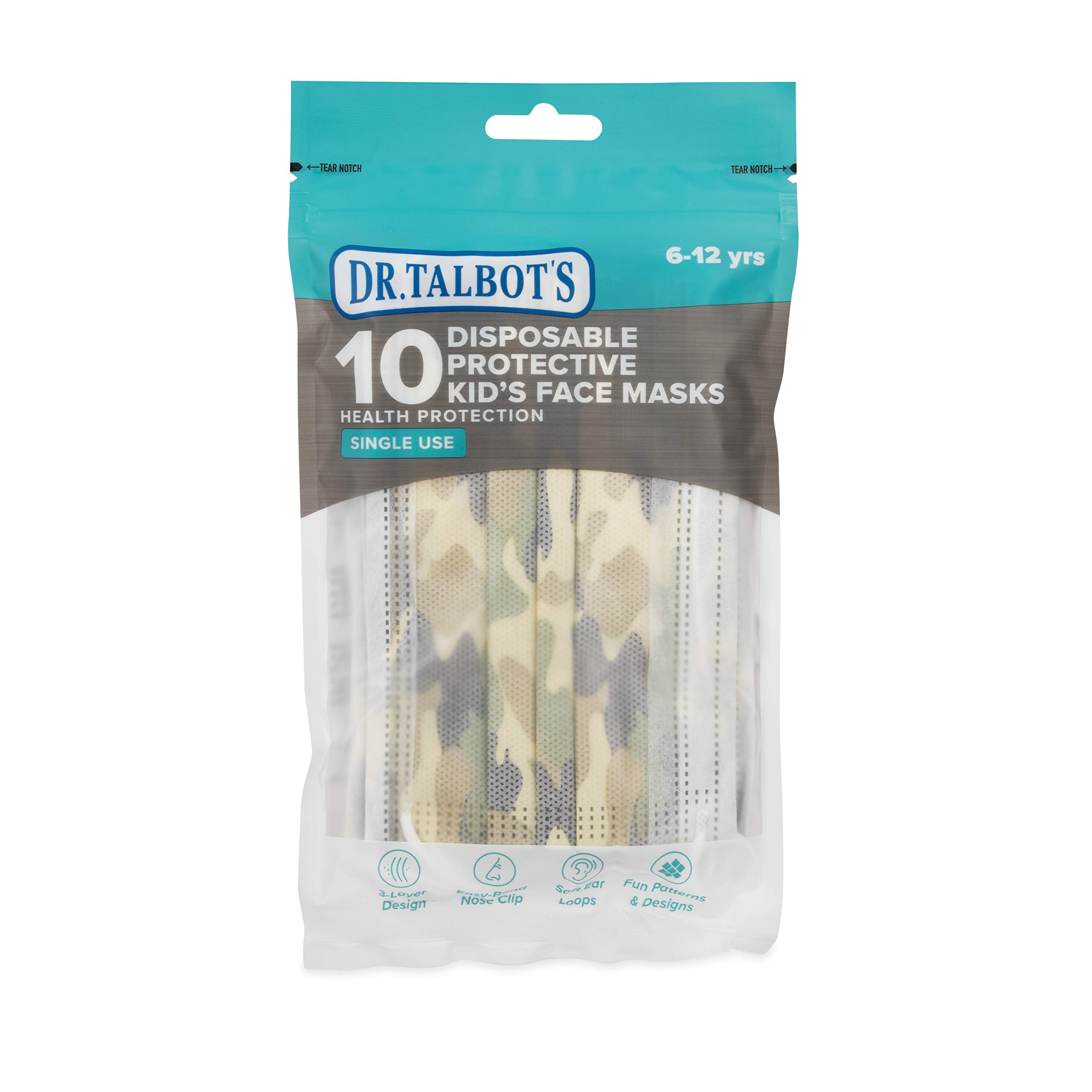 Dr. Talbot's Disposable Protective Face Masks for Boys 2-5 Years - 10-Count - Disposable 3-Layer Single Use Face Masks with Easy-Bend Nose Clip and Soft Ear Loops
