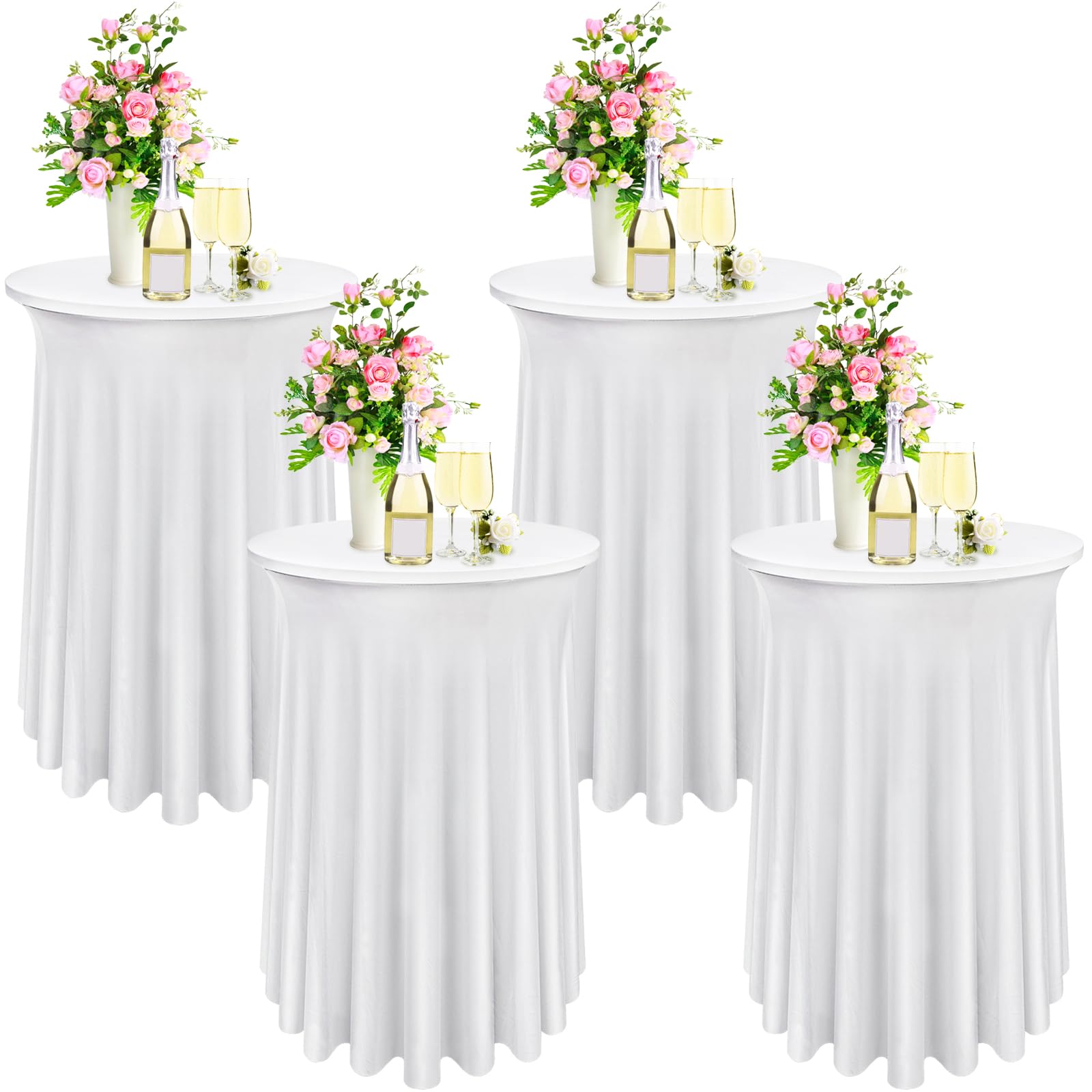 Photo 1 of Bekith 4 Pack Round Spandex Stretch Cocktail Tablecloths with Natural Wavy, 32 x 43 Inch Cocktail Table Covers Round Table Skirt Fitted High Top Table Bar for Party Wedding Birthday Banquet (White)