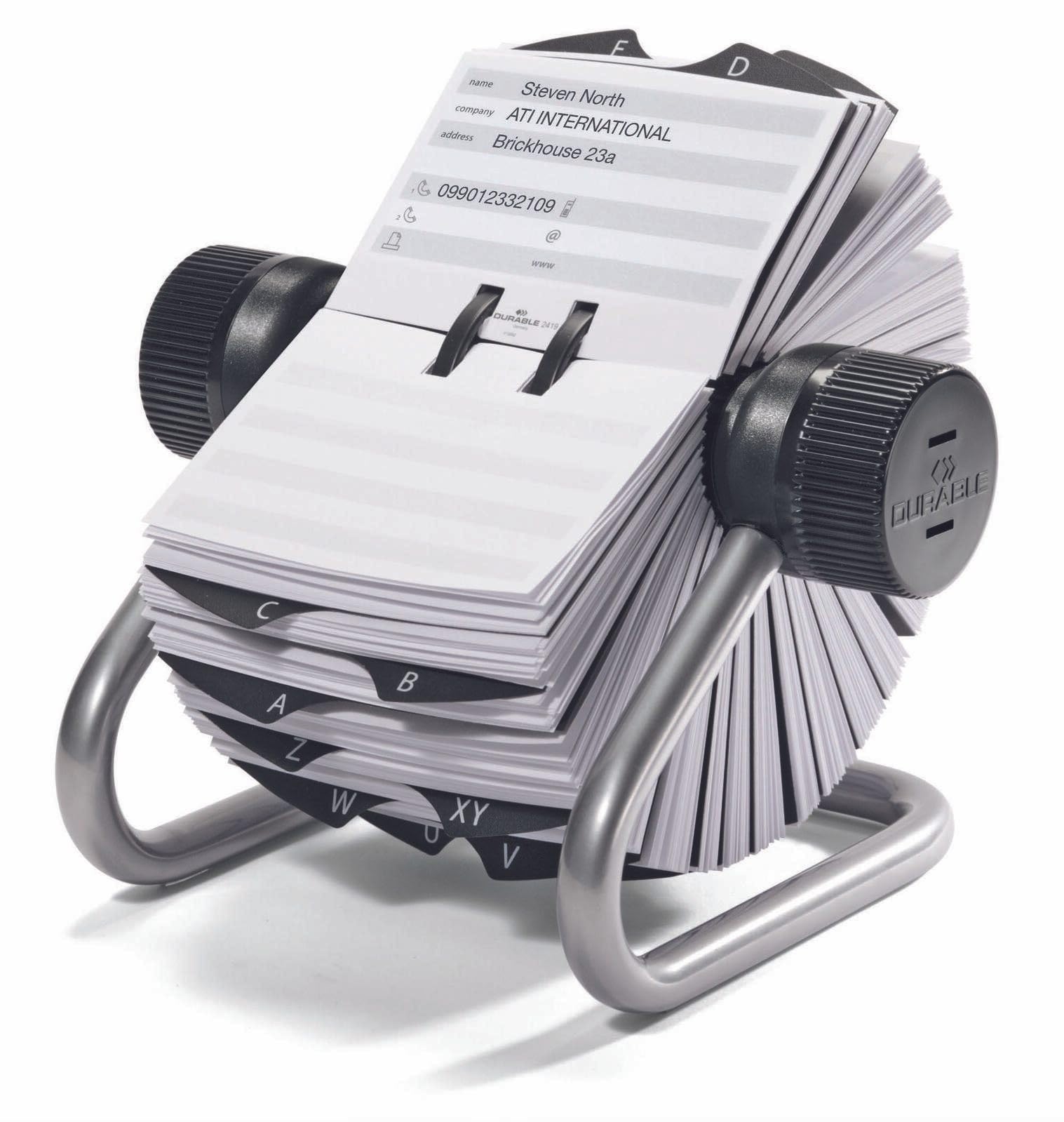 Durable Telinfex Rotary Address Card Holder | Includes 500 Cards | Includes 25 Tab A-Z Index | Made from Metal | Silver