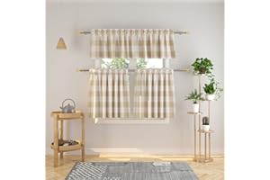 NATUS WEAVER 3 Pc Cotton Classic Country Farmhouse Kitchen Window Curtain -Beige & White Buffalo Check Tier & Valance Set, 54" x 18" / 27" x 36"
