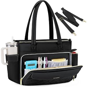 RAINSMORE Teacher Bag for Women, 15.6" Laptop Work Tote, 40oz Cup Holder | Waterproof Quilted Nurse Diaper Purse with Insulat
