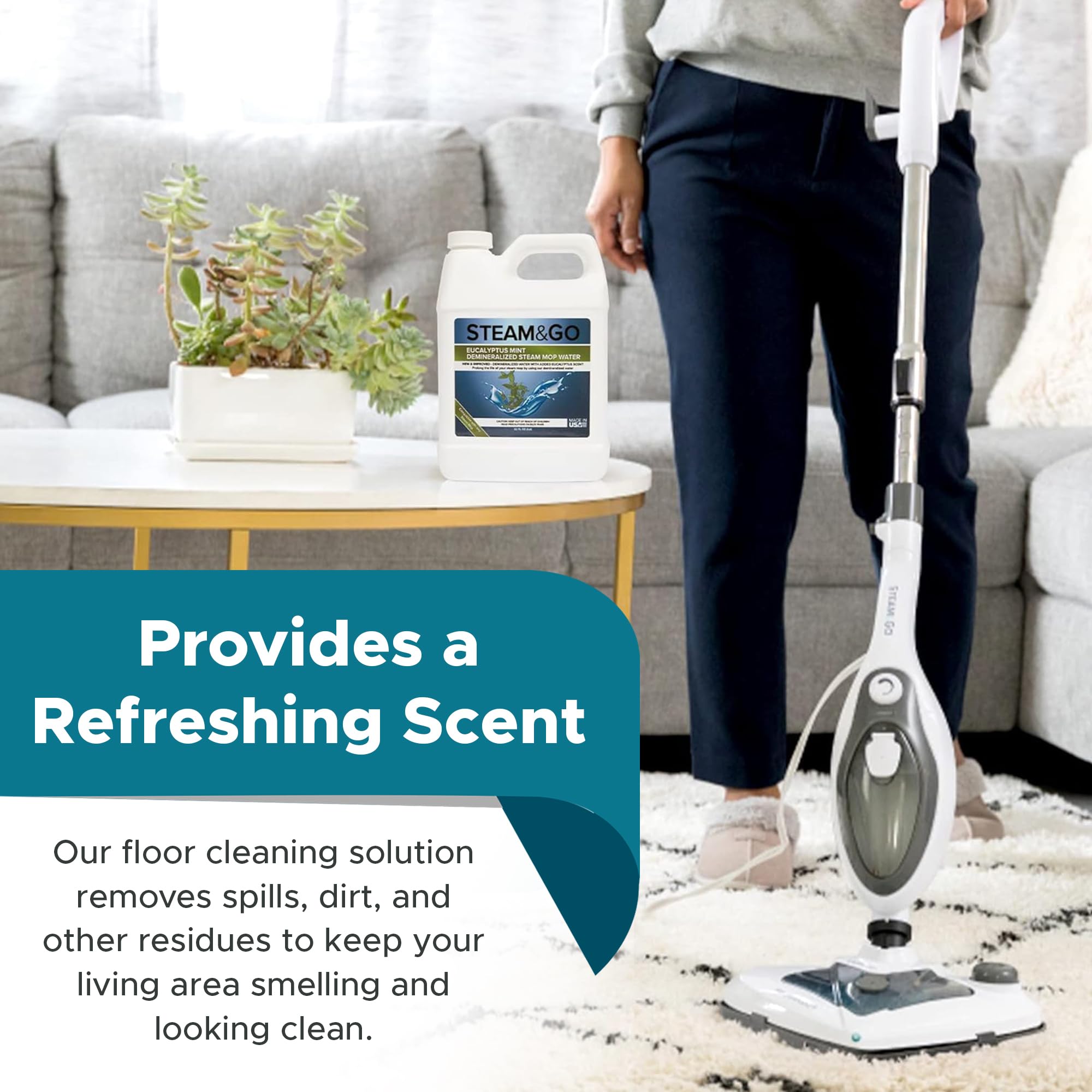 Steam & Go - Demineralized Water for Steam Cleaner, PVC-Free Floor Cleaner Liquid Compatible With Any Steam Mop, Ready-to-Use Multisurface Cleaner, Scented Mop Solution, Eucalyptus Mint, 32 oz