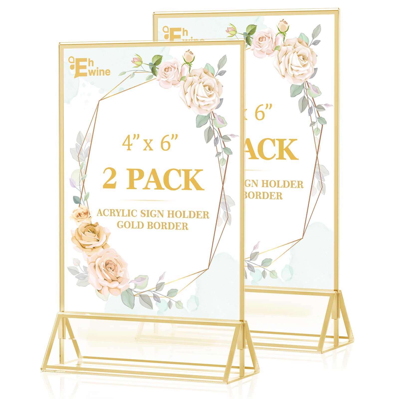 Photo 1 of EHWINE 2 Pack Acrylic Sign Holder 4 x 6, Double Sided Gold Picture Frame Stand up Table Top Sign Holders, Clear Display Stand Menu Flyer Holder for Wedding Party