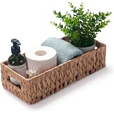 Toilet Paper Basket for Back of Toilet Water Hyacinth Long Narrow Wicker Bathroom Storage Basket with Built-in Handles 14.2 x