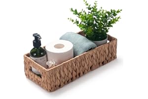 IVAILEX Toilet Paper Basket for Back of Toilet Water Hyacinth Long Narrow Wicker Bathroom Storage Basket with Built-in Handles 14.2 x 6.5 x 3.7 inch