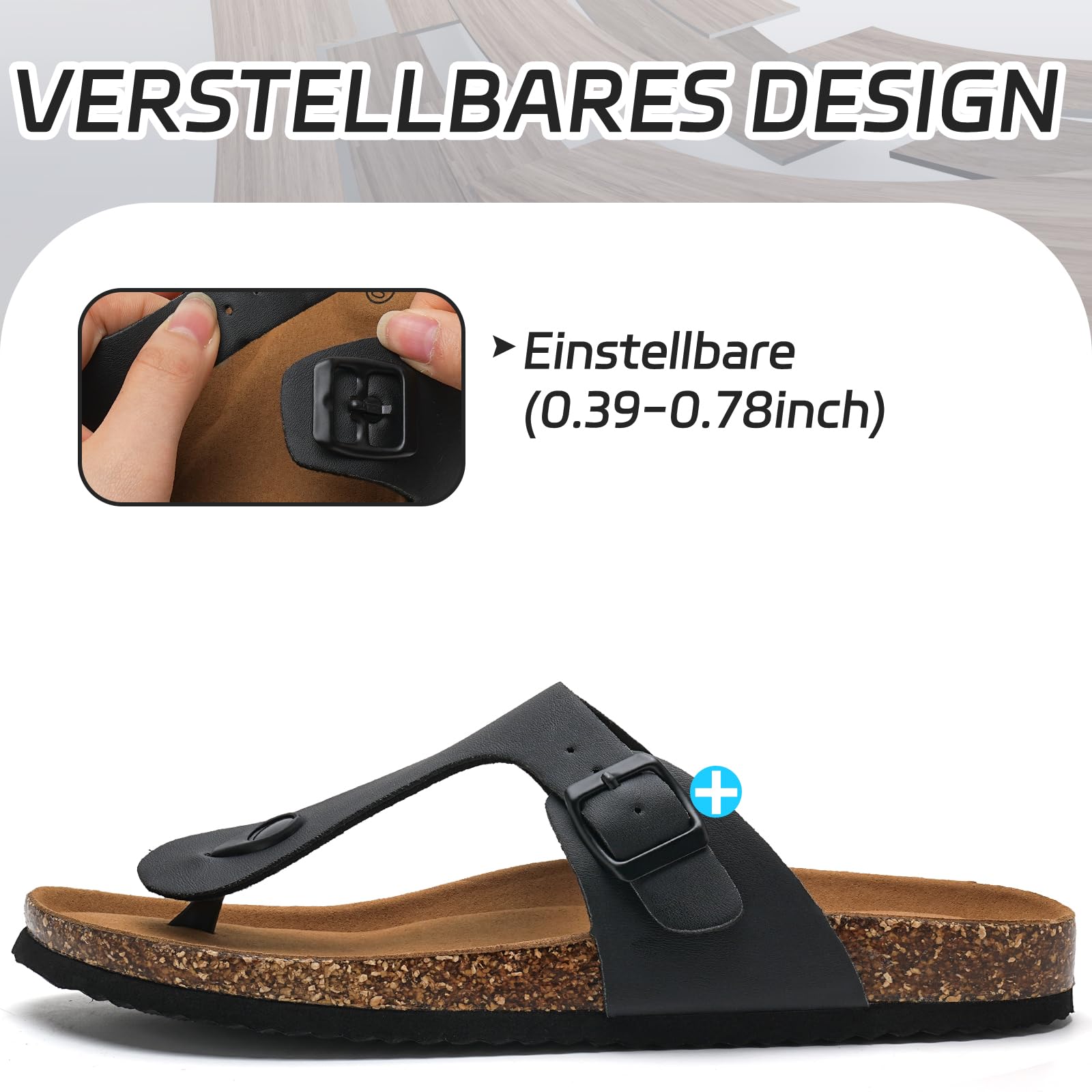Torotto Damen Zehentrenner Flip Flops Pantoletten Hausschuhe Sportliche Kork-Fußbett Schlappen Mit Verstellbarer Rieme Sandalen(schwarz,40 EU) 4