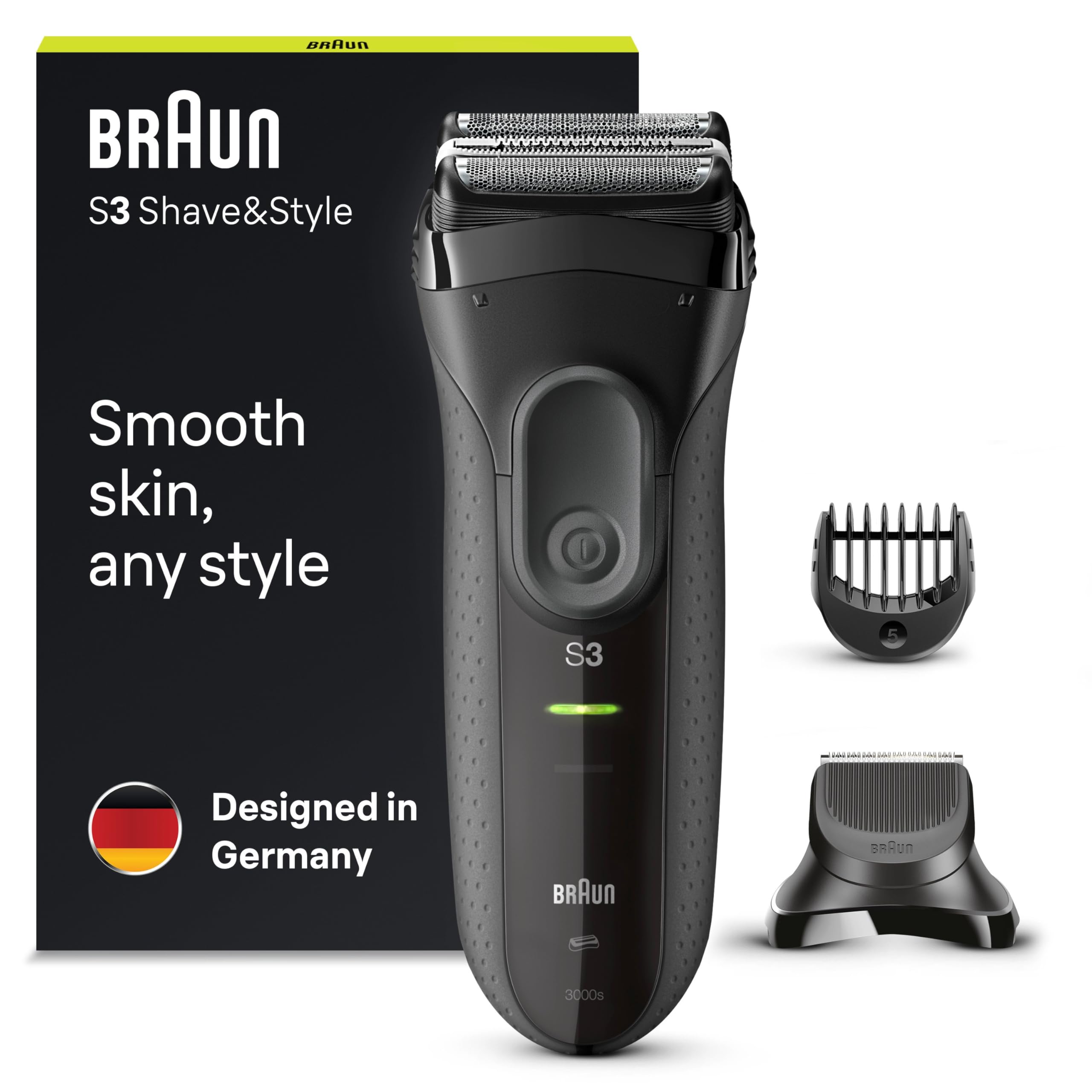 Braun Series 3 Rasierer Herren, 3-in-1 Elektrorasierer, Barttrimmer mit 5 Kammaufsätzen, Wet&Dry, Geschenk Mann, Made in Germany, 3000BT, schwarz/grau