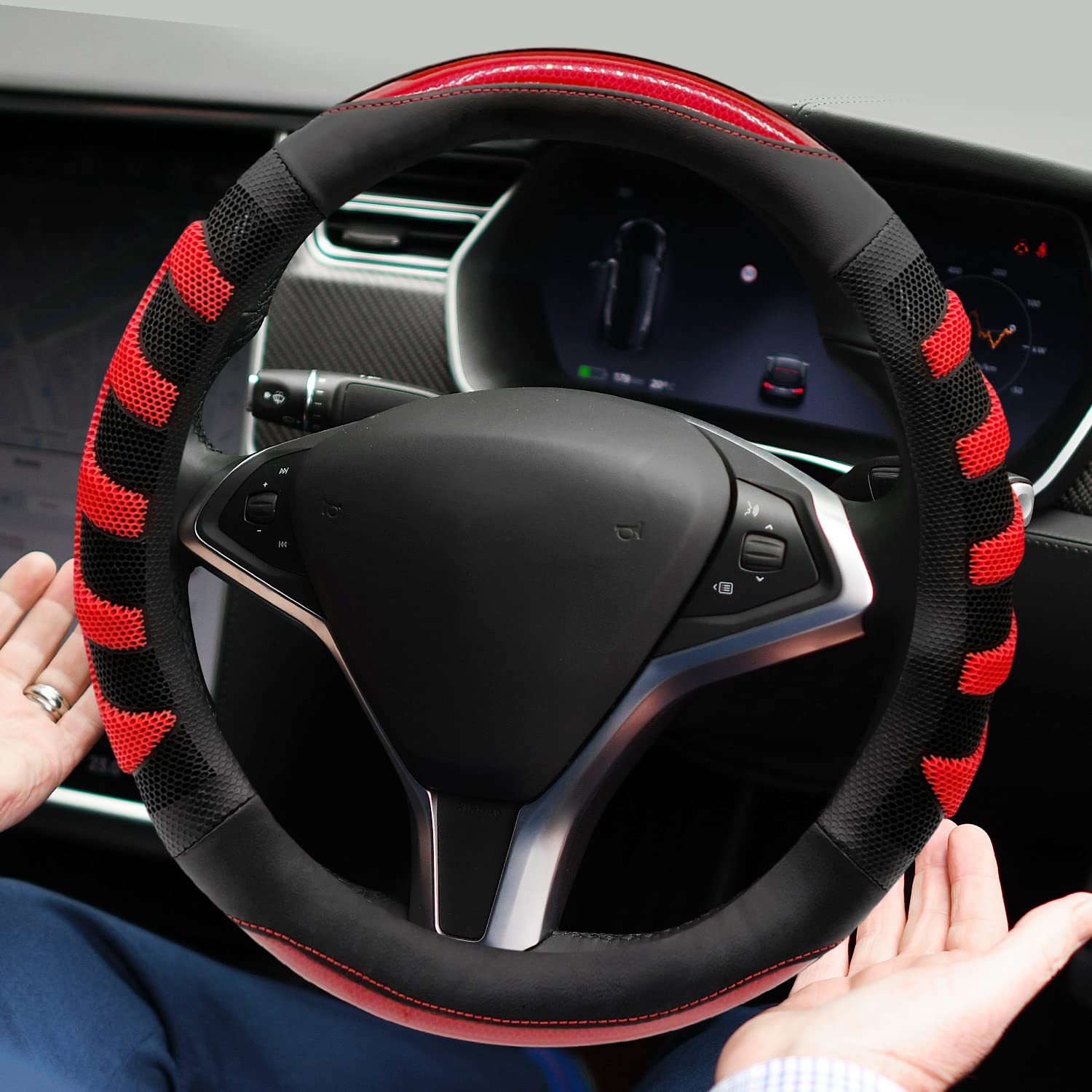 Photo 1 of NICEASY Sport Style Black Leather Steering Wheel Cover with Red Fishbone Grip Steering Wheel Accessory,Universal Fit 14.5-15.25 inch Steering Wheel