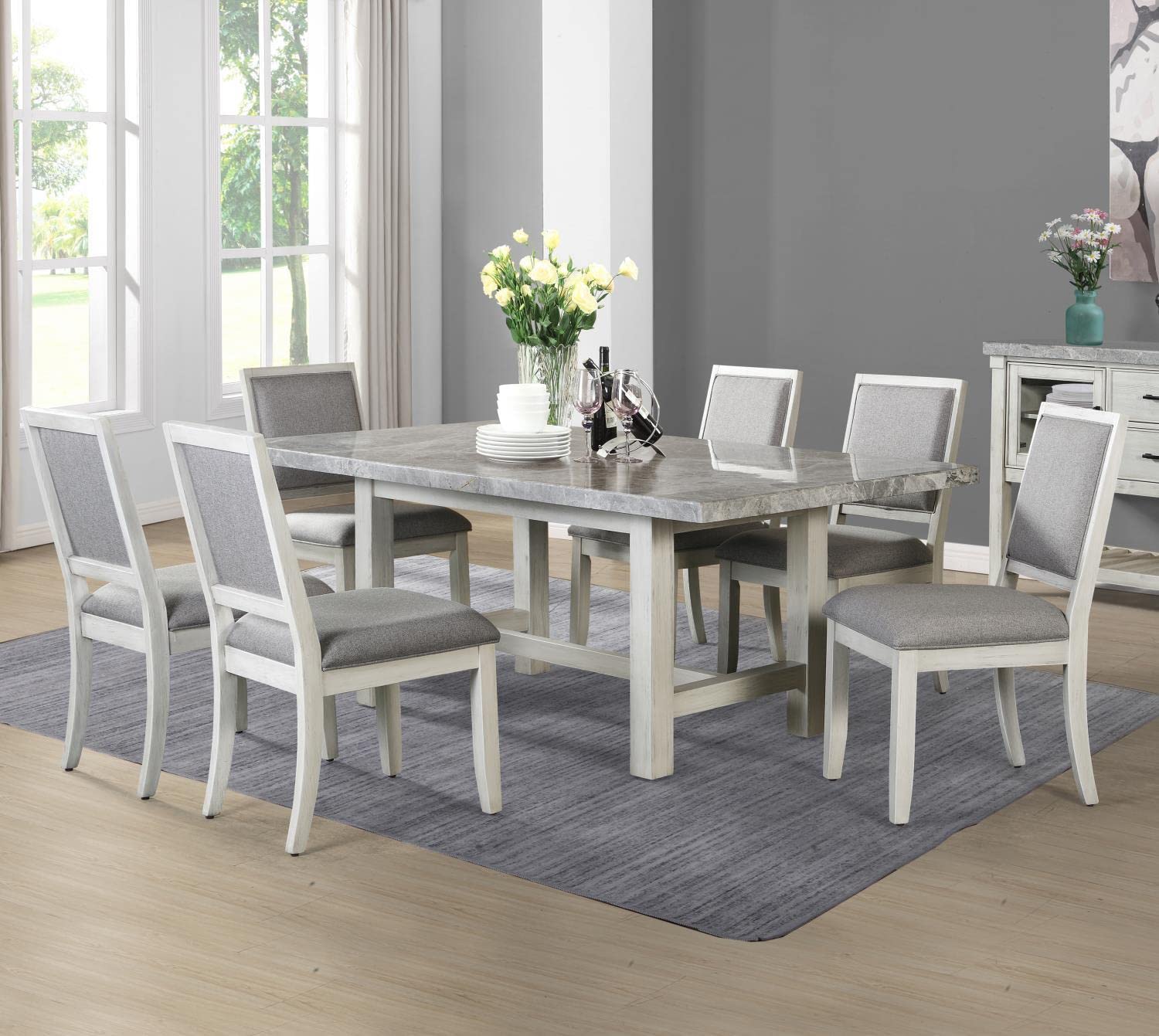 Photo 1 of *partial set* Steve Silver Furniture Canova 7pc Marble Dining Table Set, incl. with 78-Inch Rectangular Marble Dining Table and 6 Gray Velvet Dining Side Chairs, 78" L x 42" W x 30" H, White, Grey