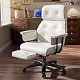 Reclining Office Chair with Footrest, Big and Tall Office Desk Chair 400lbs Wide Seat, Leather High Back Ergonomic Vintage Chair, Heavy Duty Executive Computer Chair, White