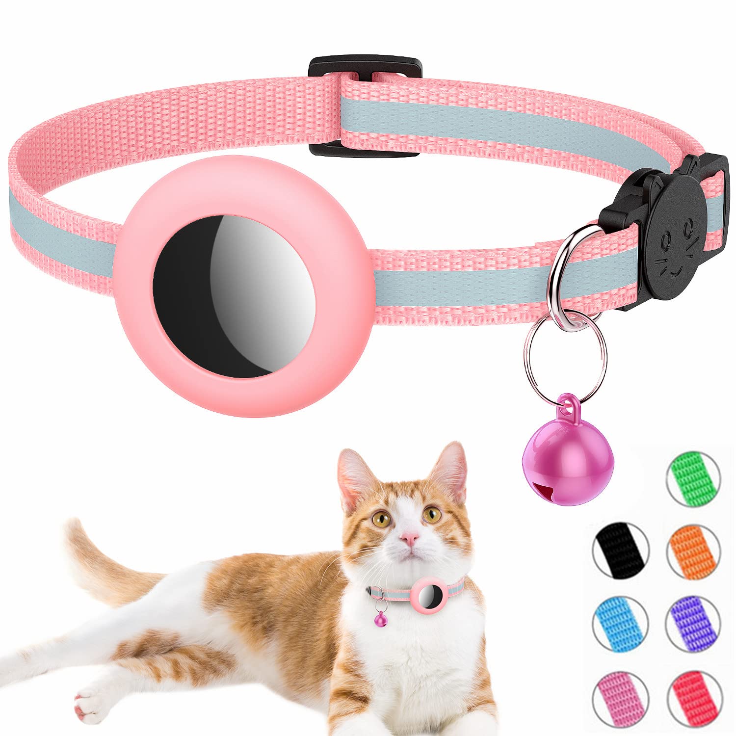 Airtag Cat Collar, Reflective Air tag Cat Collar with Bell and Prefect Size Waterproof Airtag Holder Compatible with Apple Airtag, Cat AirTag Collar with Breakaway Safety Buckle for Kitten (pink)