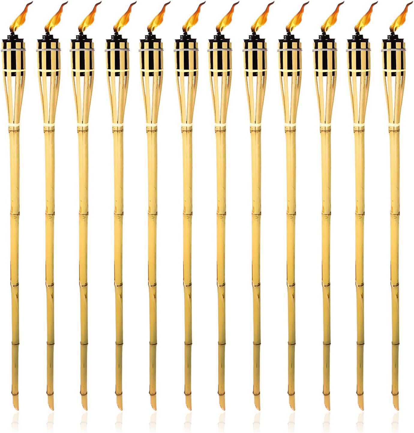 Bamboo Tiki Torches - 12 Pack - Metal Oil Canister - Reinforced With Metal Ring - 4 ft High, 6oz. Capacity - Sharp Speared Bottom By Skyline