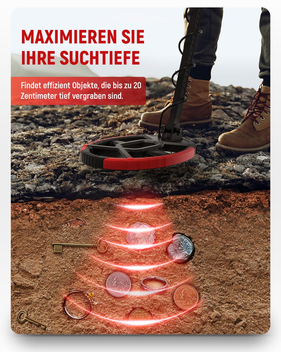 KAIWEETS Metalldetektor Profi Set, 30cm Suchtiefe, LCD Display, wasserdichte Spule, Einstellbare Empfindlichkeit, Metallsuchgerät für Erwachsene & Kinder, Metal Detector mit Zubehör 4