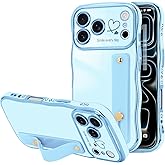 LLZ.COQUE for iPhone 17 Pro Max Case for Women Girls with Strap, Wave Frame Cute Love-Heart Plating Luxury Cover, Raised Full Camera Soft TPU Protective Phone Case for iPhone 17 Pro Max, Baby Blue