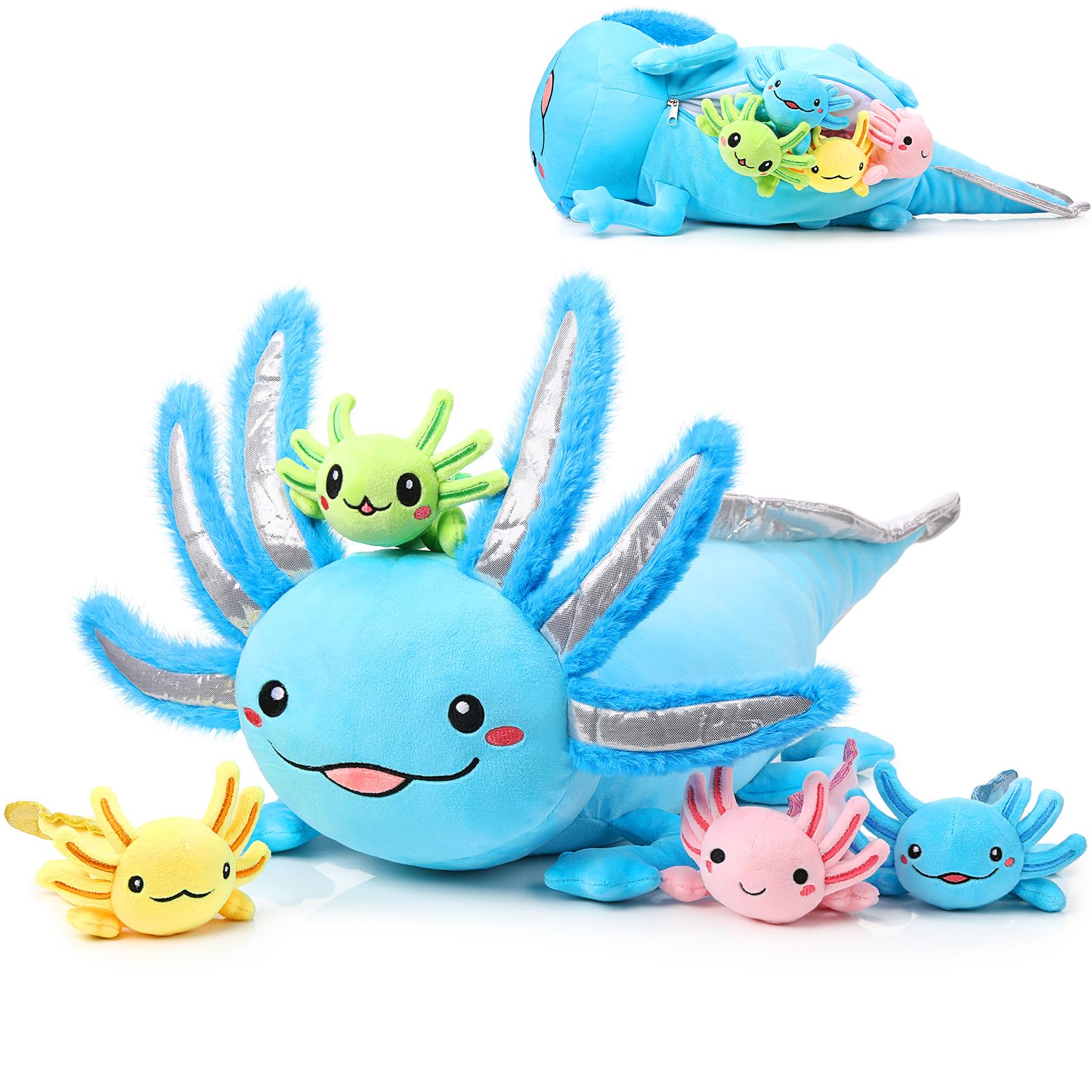 Photo 1 of Aoriher 5 Pcs Axolotl Plush Set 24 Inch Mommy Axolotl Stuffed Animal with 4 Cute Plush Babies in Belly Soft Cuddly Plushie for Kids Sleeping Birthday Graduation Gift Party Favors(Blue)