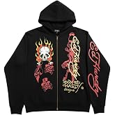 ED HARDY Men's Flame Skull Zip Hoodie in Black EHMR1301-12