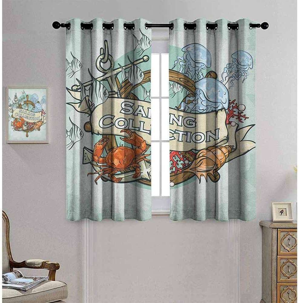 hengshu Nautical Blackout Curtains for Bedroom Sailing Collection Old Times Fisherman Ribbon Fishing Sea Food Crab Room Decor Blackout Shades W84 x L96 Inch Mint Green Multicolor