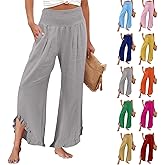eoeioa Linen Pants Women Trendy Smocked Ruffled Hem Wide Leg Pants Casual Lightweight Summer Vacation Beach Trousers Pockets