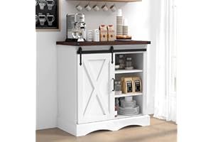 HOMFAMILIA Upgraded 32"H Farmhouse Coffee Bar Cabinet w/Storage, Thickened Top Kitchen Sideboard Buffet Cabinet w/Sliding Barn Door, Rustic Accent Console w/Adjustable Shelves for Kitchen,Living Room