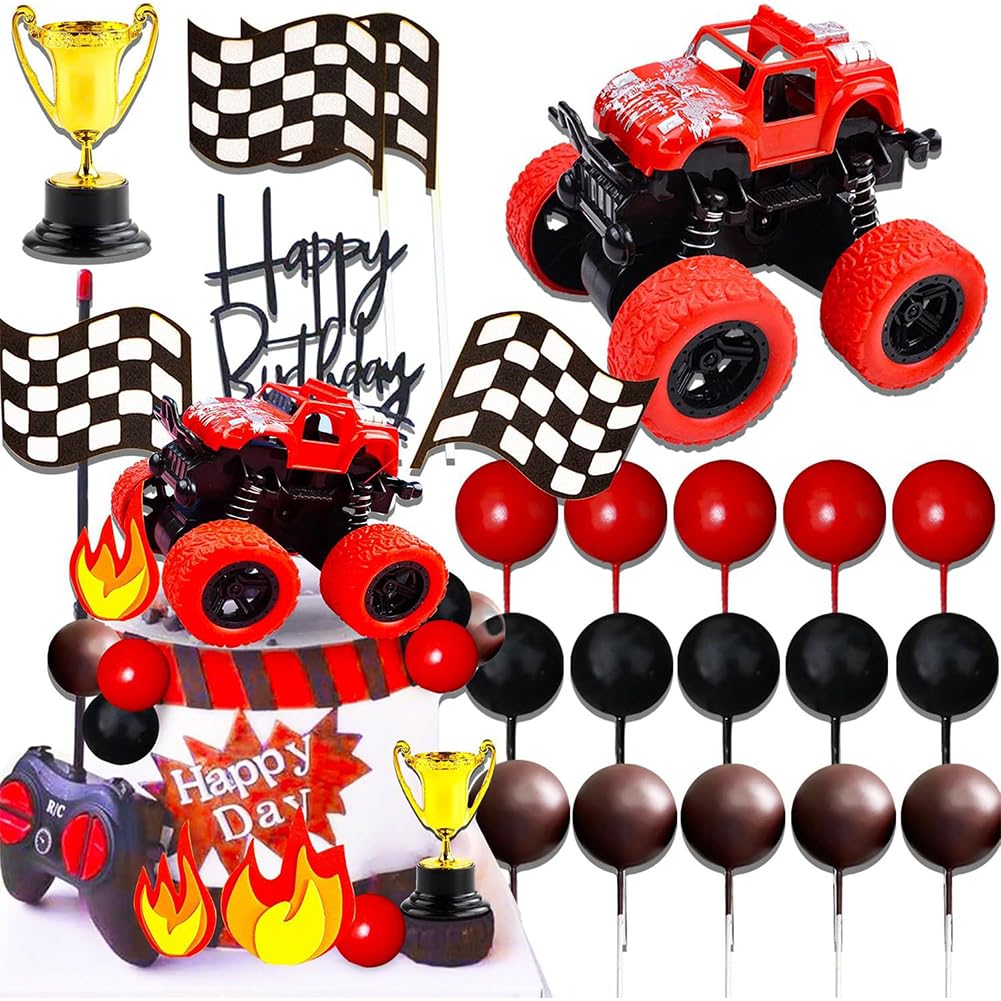 Red Truck Cake Topper,Off-road Vehicle Cake Decoration,22PCS Truck Themed Party Supplies with Green Black Cake Balls for Boy Birthday Party,Family Celebrations — image 1