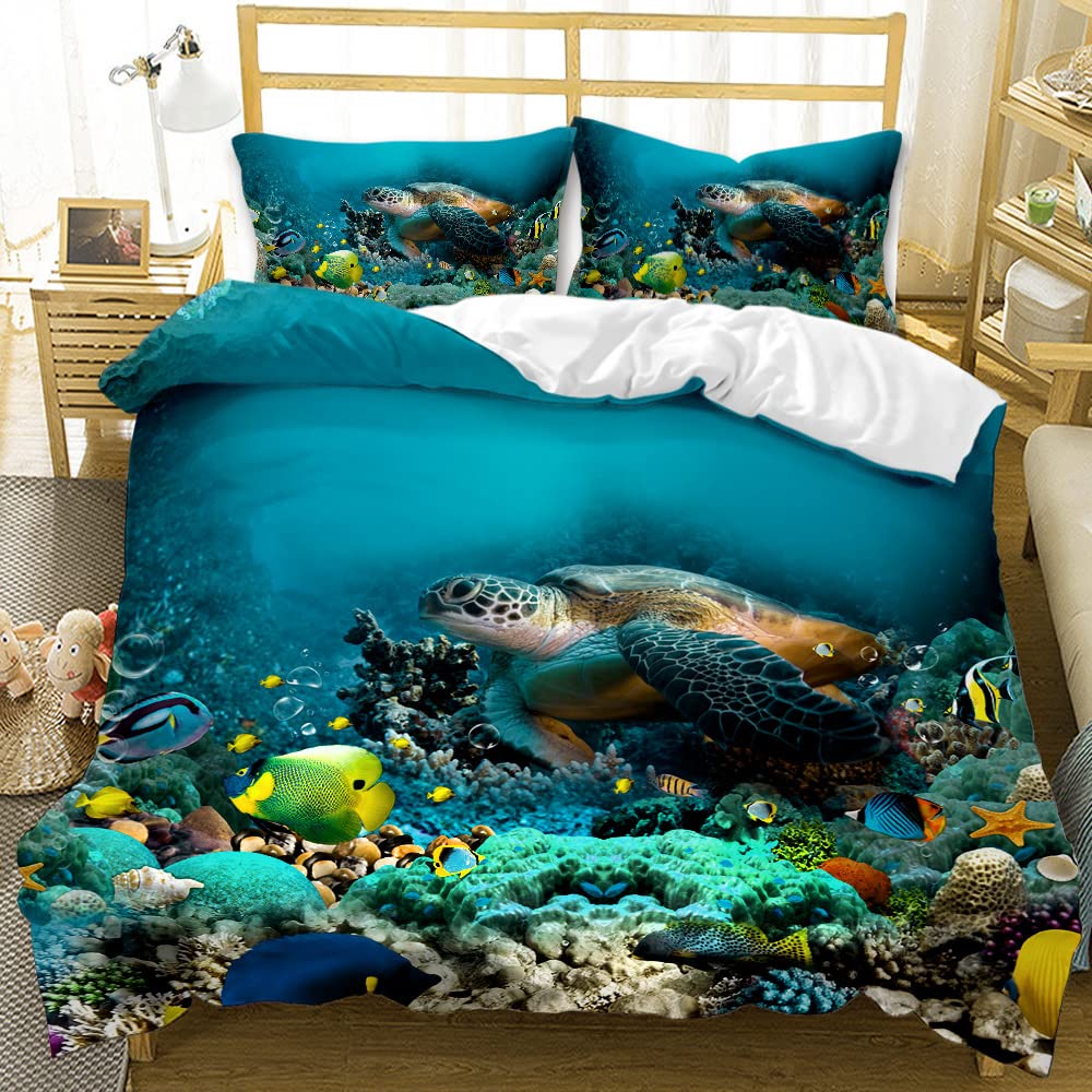 AOXHFNV Bed Linen for Sea Turtles, 135 x 200 cm, Blue Underwater World Theme Starfish, Small Fish and Coral Red Pattern Duvet Cover for Children, Boys, Girls (Sea Turtle)