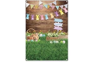 ZTHMOE 5x7ft Durable Fabric Spring Easter Photography Backdrop Rabbit Eggs Wooden Wall Flowers Grass Background Bunny Flag Portrait Photo Booth Props