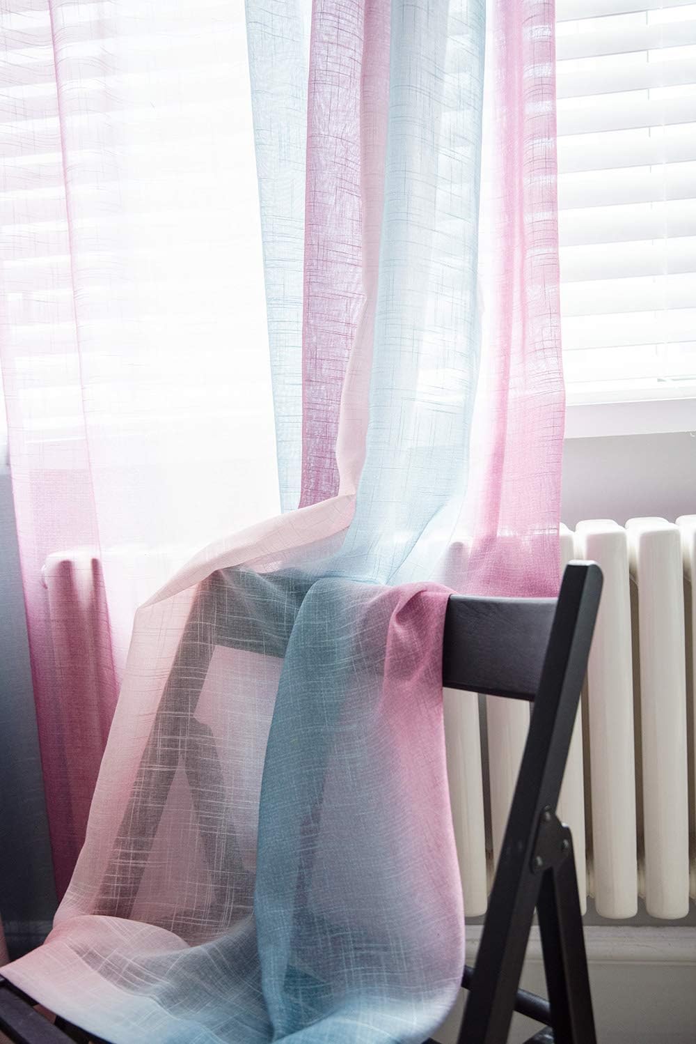 pureaqu Nordic Modern Style Striped Sheer Curtain Panels 63 Inches Long Colorful Pink Purple Blue Semi Sheer Voile Window Treatment Draperies for Bedroom/Living Room Rod Pocket 1 Panel W52 x H63 Inch