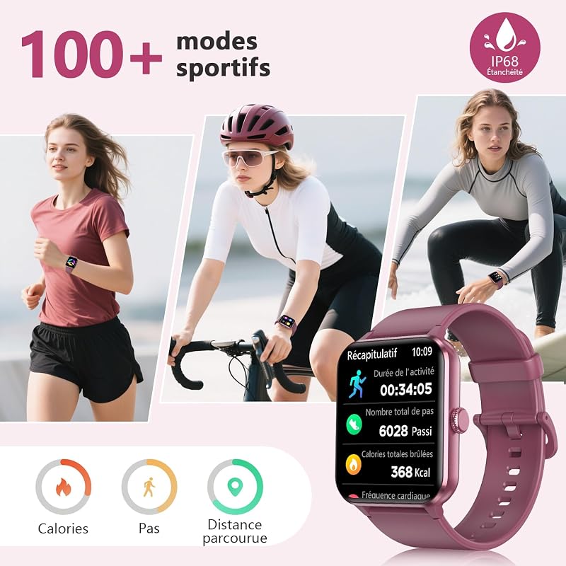 Montre Connectée Homme Femme, Appel Bluetooth, Rouge vin — photo 4 sur 8